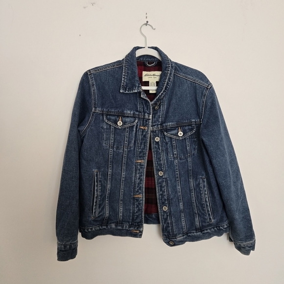 Eddie Bauer Jackets & Blazers - Eddie Bauer Denim Trucker Jacket with Red Plaid Flannel Lining Women's Medium